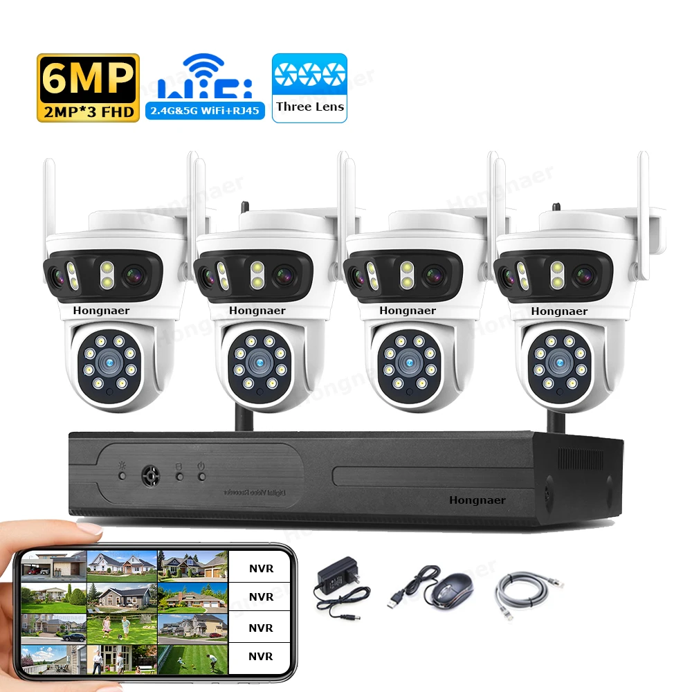 Home Security Wireless Cameras - 2026 Hongnaer 6MP 4CH 3 Lens
